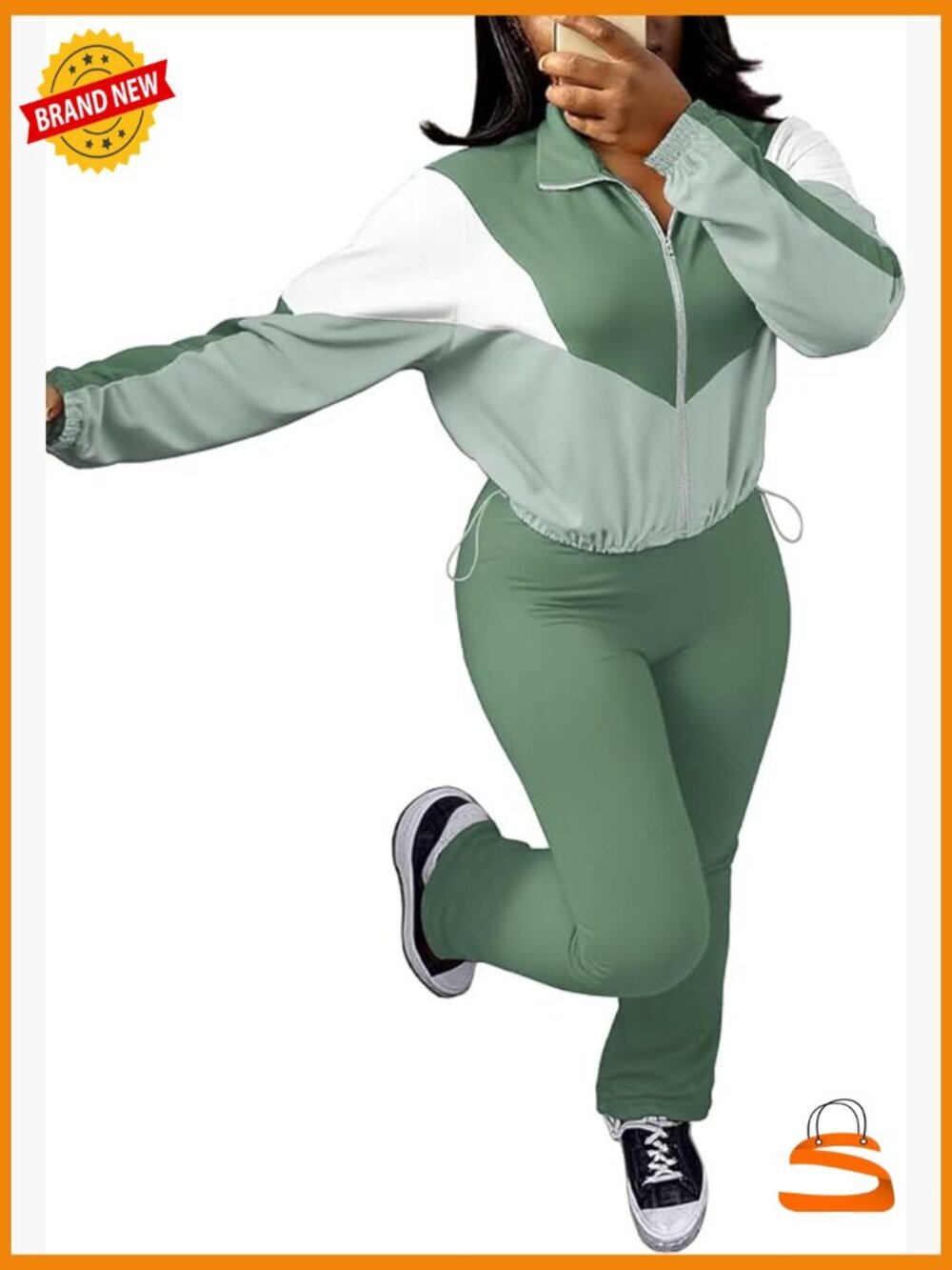 Color Block Zip Up Cropped Jacket Pant Set Tracksuit